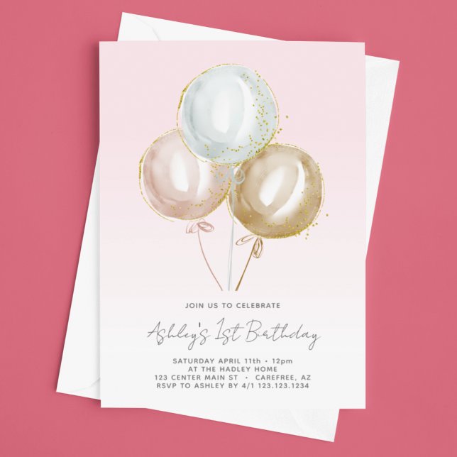 Invitation Balloons roses Filles 1er anniversaire (Créateur téléchargé)