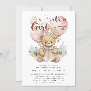 Invitation Balloons roses Ours en Teddy Floral Girl Baby show
