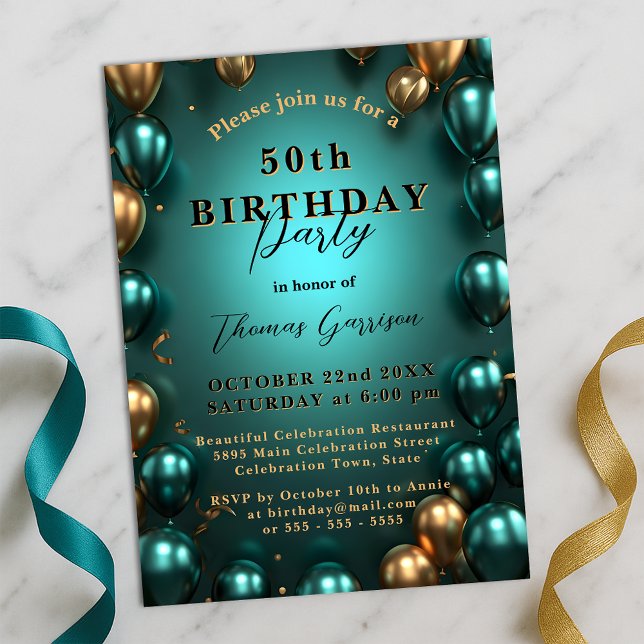 Invitation Balloons Turquoises et Gold chatoyants 50e anniver (Créateur téléchargé)