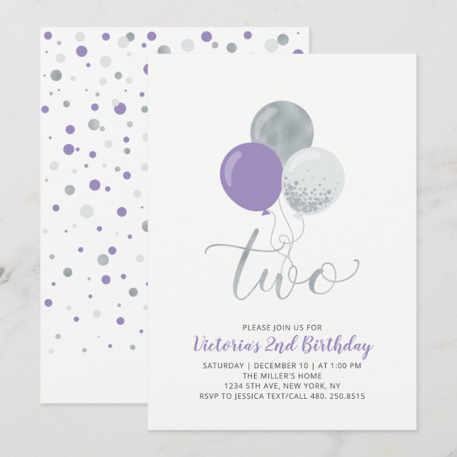 Invitation Balloons violet et argent Fille 2e fête d'annivers (Devant / Derrière)