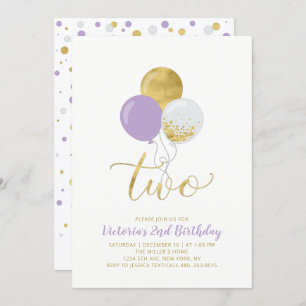 Invitation Balloons violet et or Fille 2e fête d'anniversaire