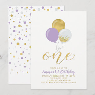 Invitation Balloons Violets et Or pour 1er Anniversaire Fille