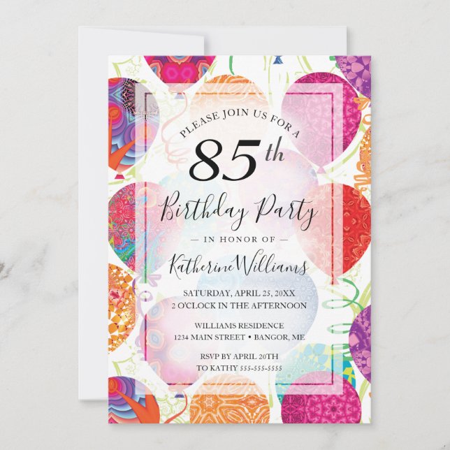 Invitation Balloons violets rose moderne 85e anniversaire (Devant)