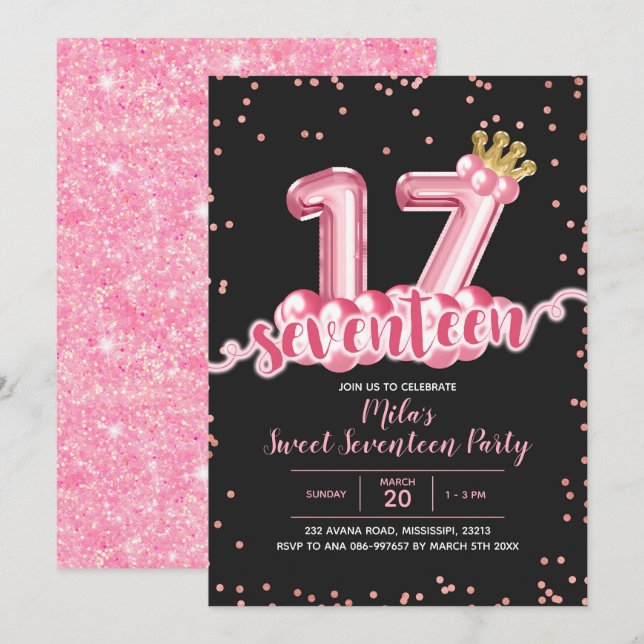 Invitation Ballotte rose et noire dix-sept ans en (Devant / Derrière)