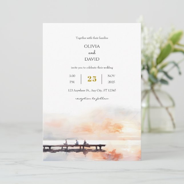 Invitation Balnéaire paisible Sunrise Pier Plage Mariage (Debout devant)