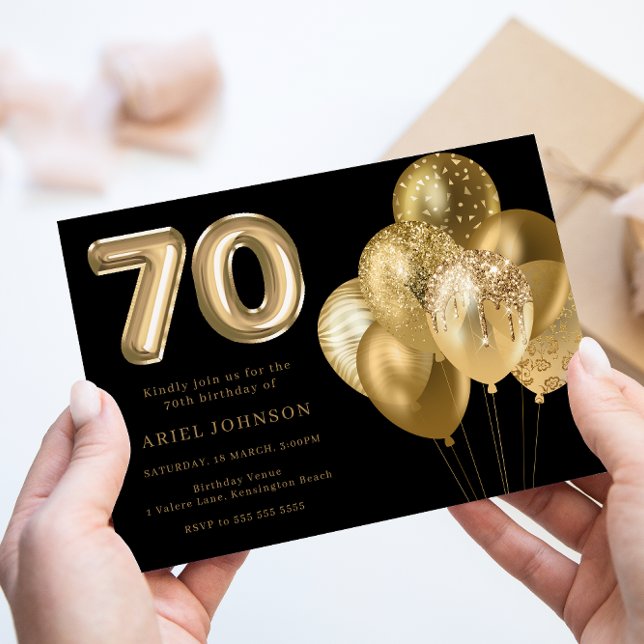 Invitation Balons d'or Noir 70e fête d'anniversaire (Créateur téléchargé)