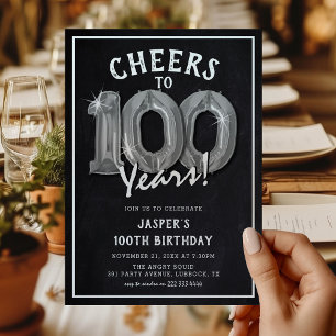 Invitation Balons en argent Rustique Chalkboard 100e annivers