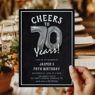 Invitation Balons en argent rustiques en tableau noir 70e ann