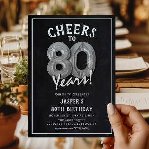 Invitation Balons en argent rustiques en tableau noir 80e ann