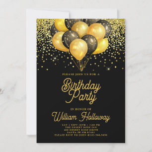 Invitation Balons noirs d'or moderne fête d'anniversaire