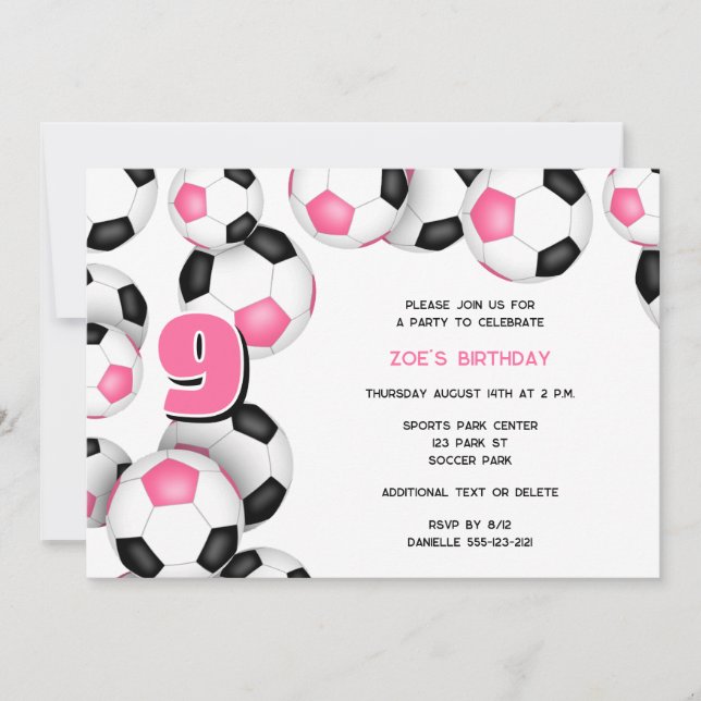 Invitation bals de football noir rose anniversaire de enfant (Devant)
