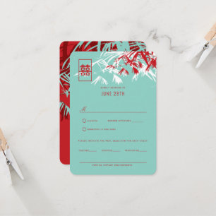 Invitation Bambou rouge et turquoise Feuille Mariage chinois 