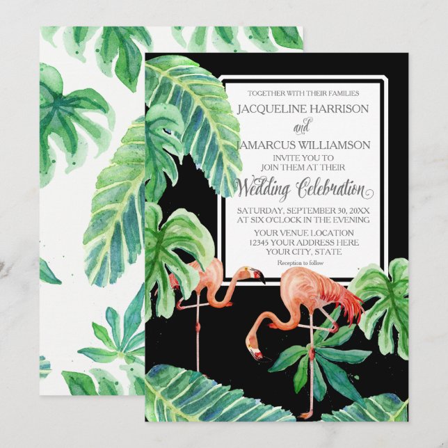Invitation Banana Leaf aquarelle Flamant rose rose Plage Art (Devant / Derrière)