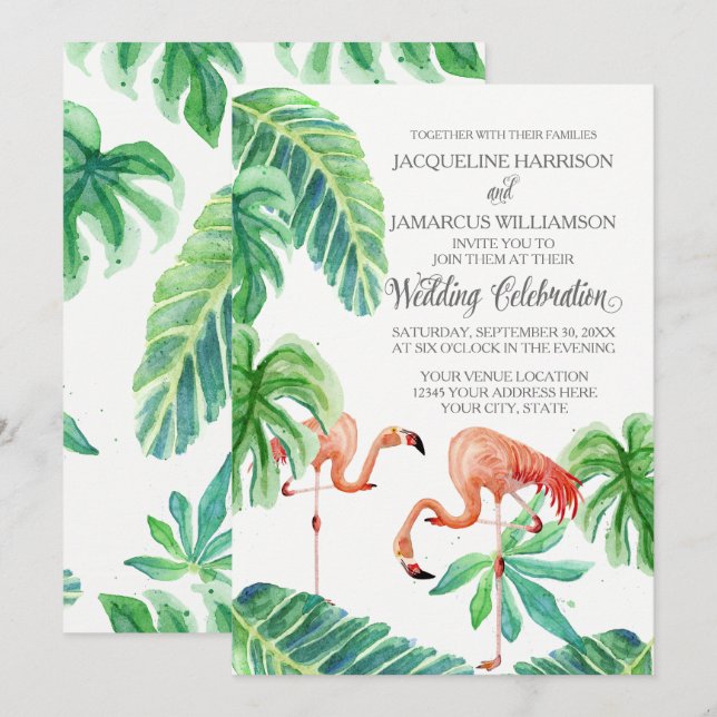 Invitation Banana Leaf aquarelle Flamant rose rose Plage Art (Devant / Derrière)