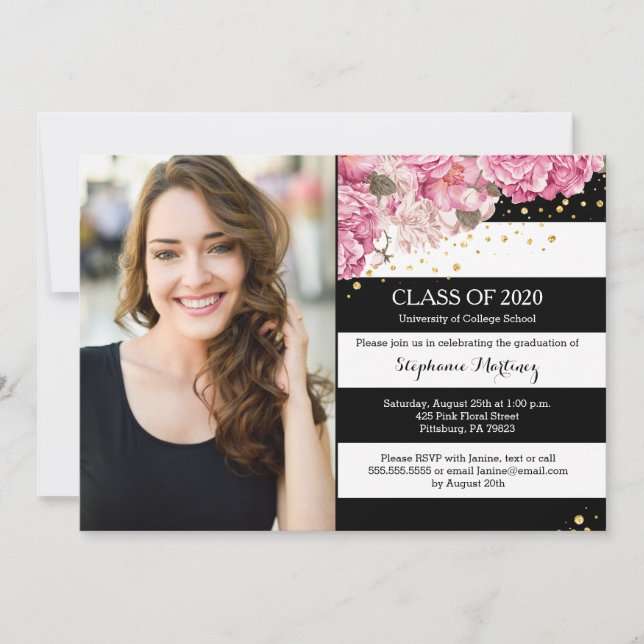 Invitation Bande blanche noire, graduation de la photo floral (Devant)