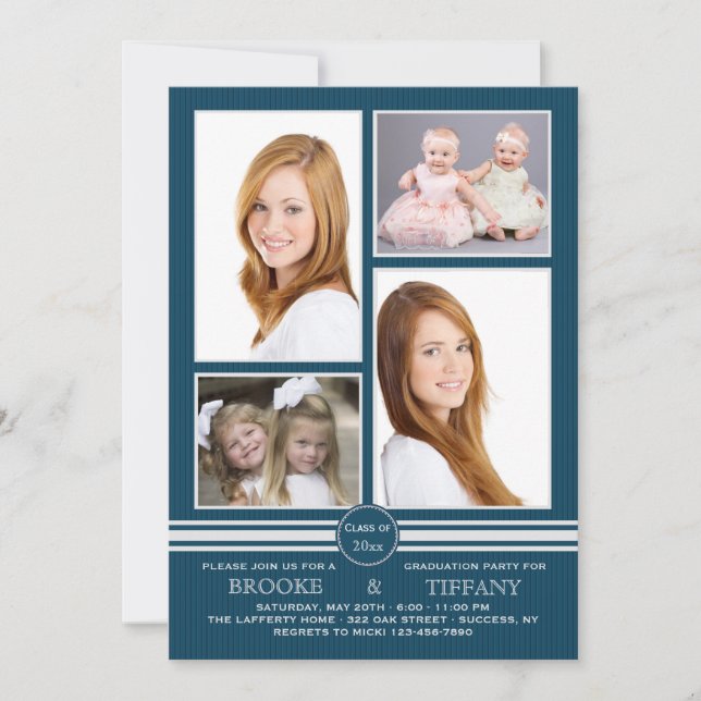 Invitation Bande de broche Quatre Photo Blue Graduation Invit (Devant)