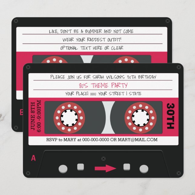 Invitation Bande de cassette rose Retro 80s Anniversaire Fête (Devant / Derrière)