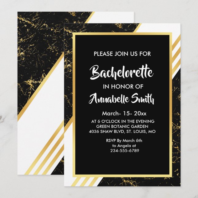 Invitation Bande de marbre or typographie noir bachelier (Devant / Derrière)