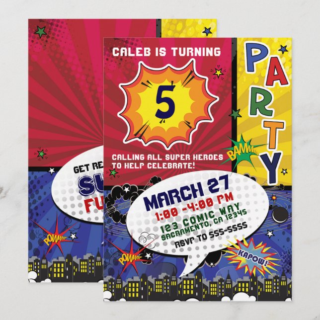 Invitation Bande dessinée Pop Art Anniversaire (Devant / Derrière)