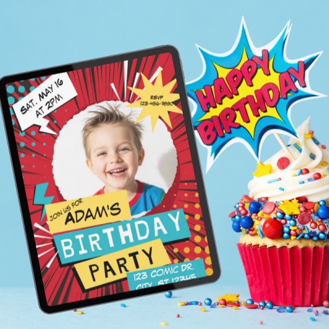 Invitation Bande dessinée rouge fête d'anniversaire avec phot (Créateur téléchargé)