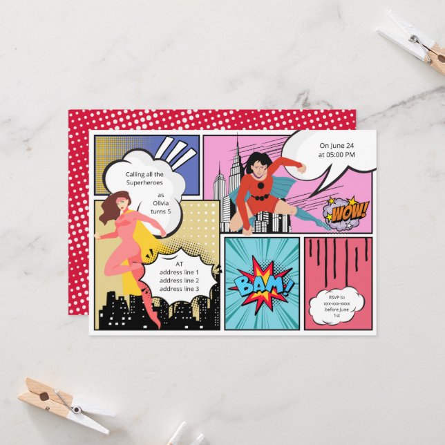 Invitation Bande dessinée super-héros fille anniversaire (Devant/Arrière en situation)