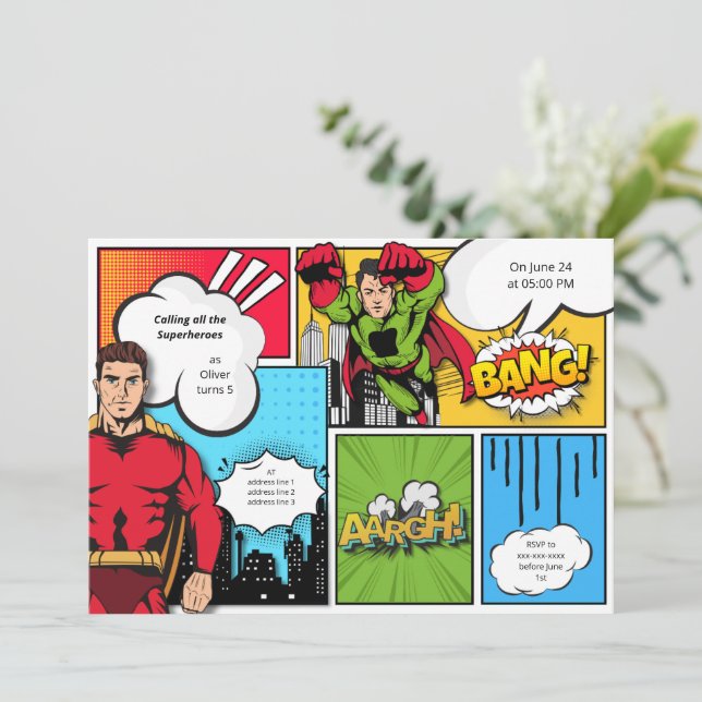 Invitation Bande dessinée super-héros garçon anniversaire (Debout devant)