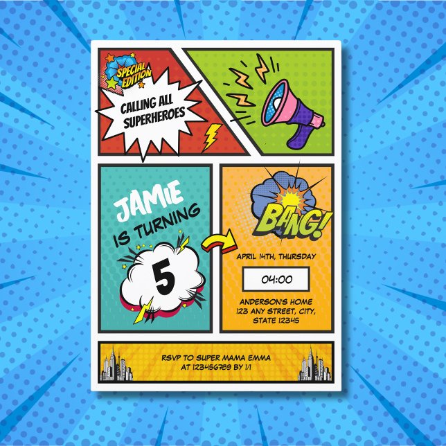 Invitation Bande dessinée Superhero Anniversaire unique pour  (Comic book superhero invitation birthday)