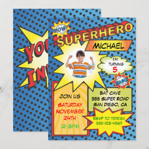 Invitation Bande dessinée Superhero Photo Insertion fête d'an