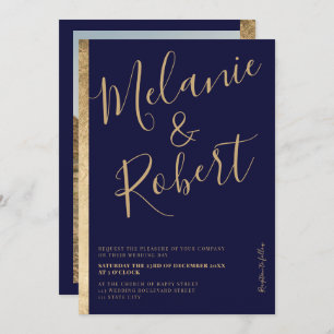 Invitation Bande dorée moderne bleu marine photo mariage
