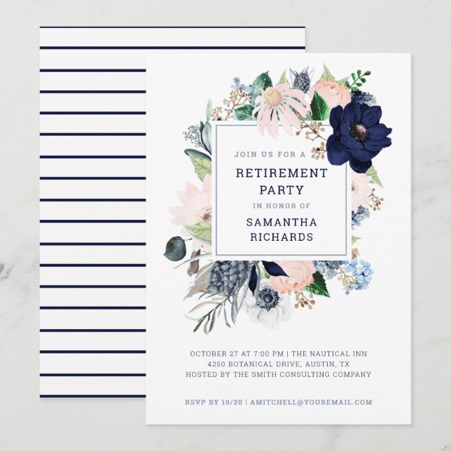 Invitation Bande florale marine| Parti de la retraite (Devant / Derrière)