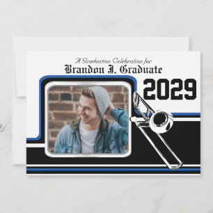 Invitation Bande Marching Trombone Graduation Photo Bleu