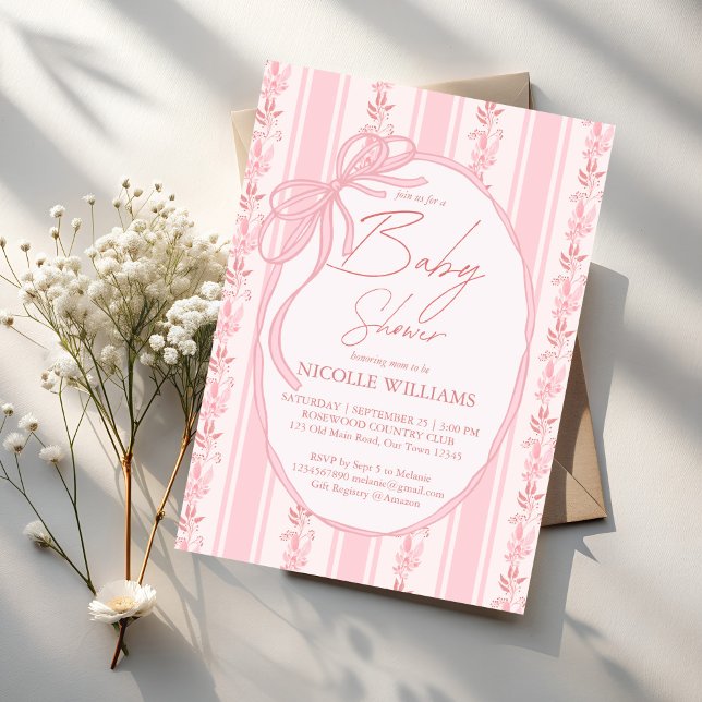 Invitation Bande rose rétro bordure arc élégant baby shower (Grand millennial Pink stripes retro bow border elegant baby shower invitation cards template)