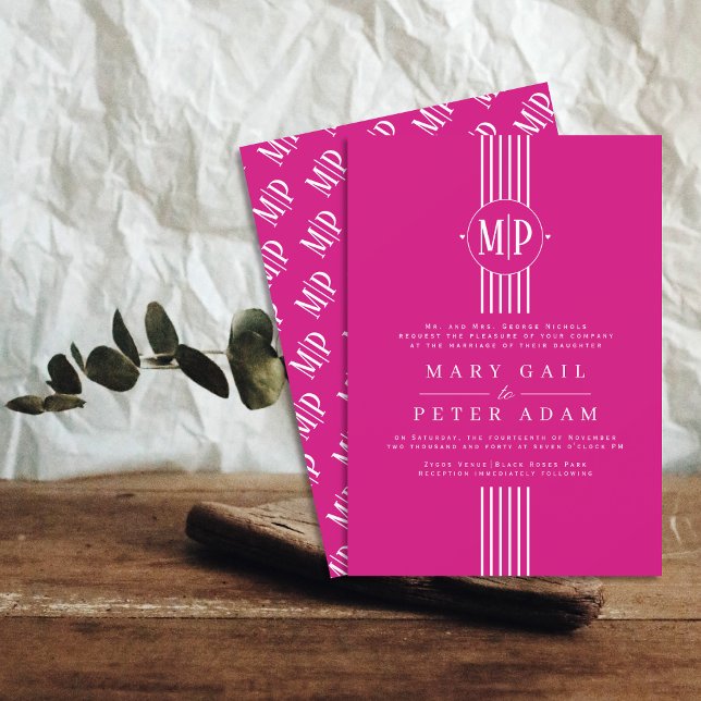 Invitation Bandes blanches et initiales magenta mariage (Créateur téléchargé)