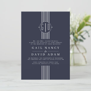 Invitation Bandes blanches et initiales mariage bleu minuit