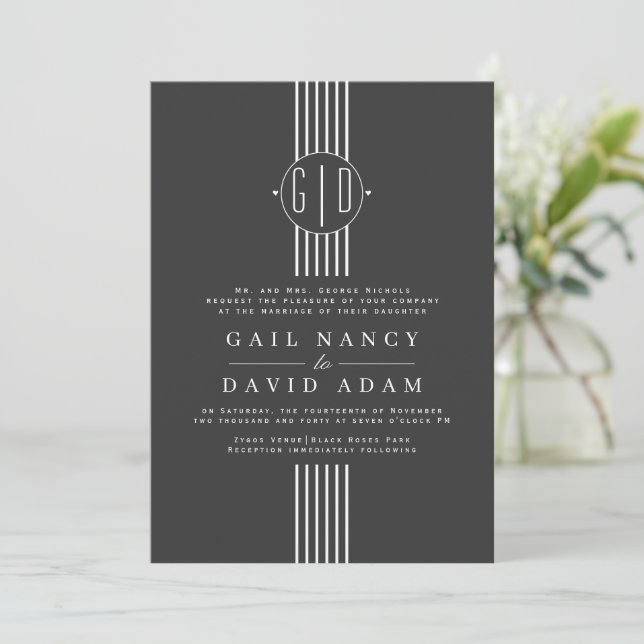 Invitation Bandes blanches et initiales mariage gris charbon (Debout devant)