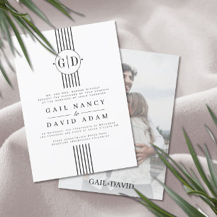 Invitation Bandes blanches, initiales et mariage photo noir
