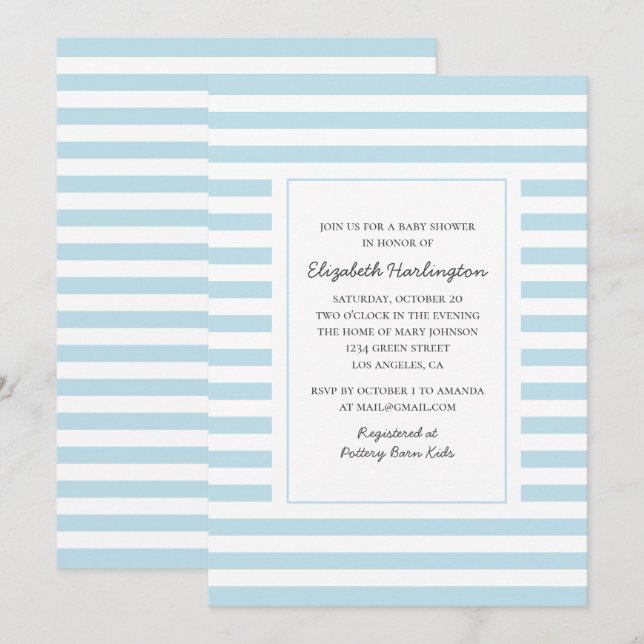 Invitation Bandes bleues. Baby shower garçon rayé moderne (Devant / Derrière)