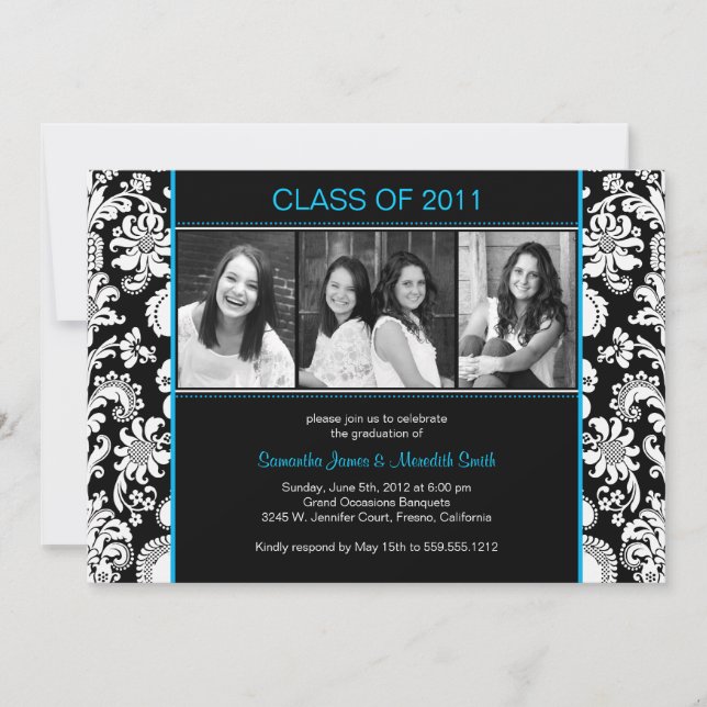 Invitation Bandes Damas - Noir/Blanc/Piscine (Devant)