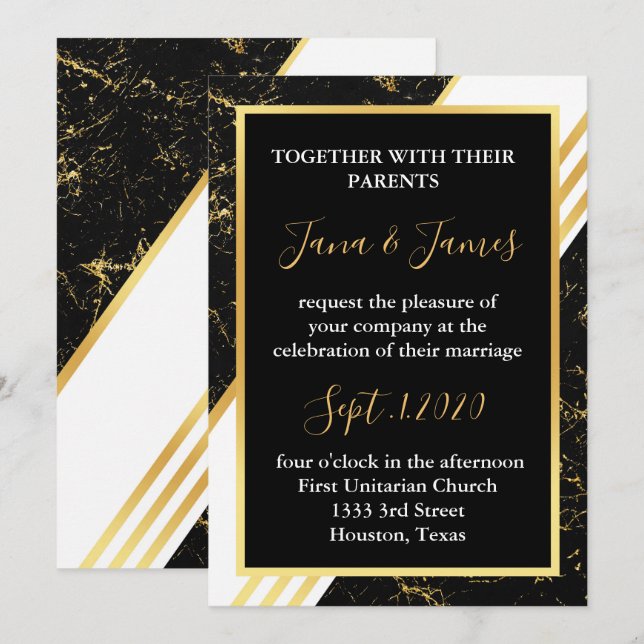 Invitation Bandes de marbre d'or typographie noir (Devant / Derrière)