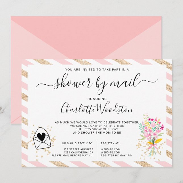 Invitation Bandes de parties scintillant en or floral baby sh (Devant / Derrière)