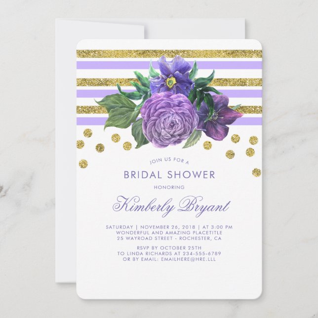 Invitation Bandes d'or et fleurs violettes Fête des mariées c (Devant)