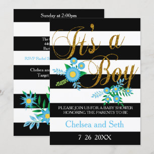 Invitation Bandes noir et blanc   Floral bleu   Baby shower