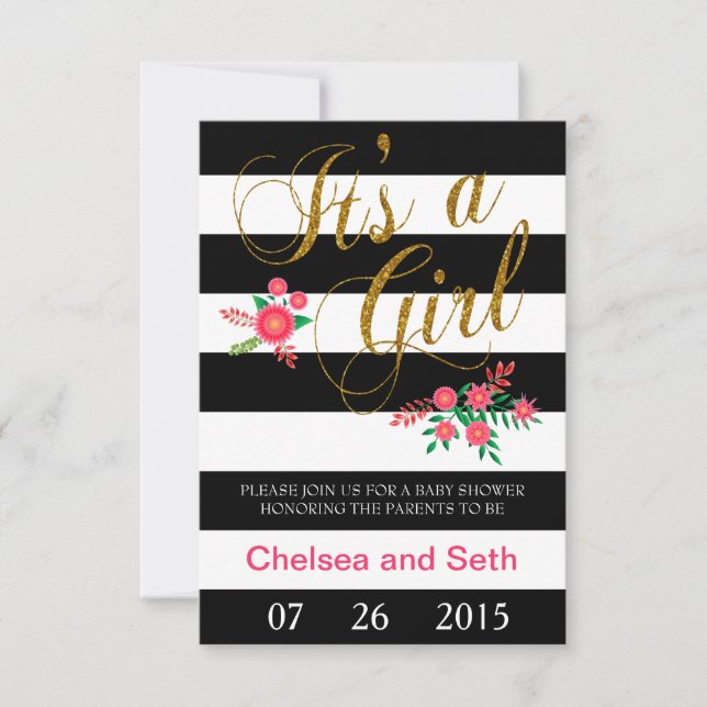 Invitation Bandes noir et blanc | Floral rose | Baby shower (Devant)