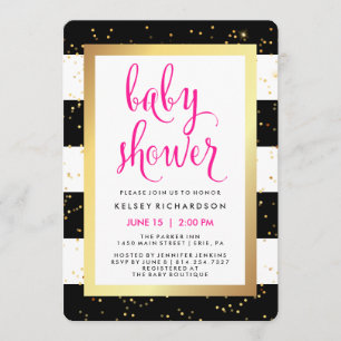 Invitation Bandes noires et blanches avec Baby shower or