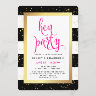 Invitation Bandes noires et blanches avec Gold Hen Party