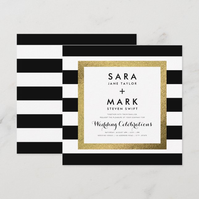 Invitation Bandes noires et blanches avec Mariage à huile d'o (Devant / Derrière)