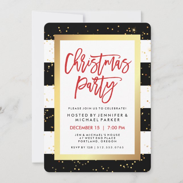 Invitation Bandes noires et blanches et or | Fête de Noël (Devant)