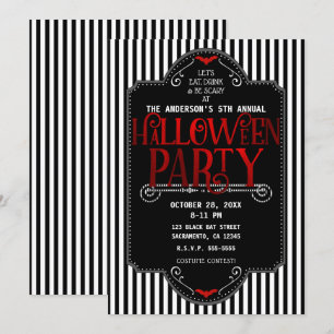Invitation Bandes noires et blanches Fête gothique rouge d'Ha