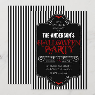 Invitation Bandes Noires et Blanches Fête Gothique Rouge d'Ha