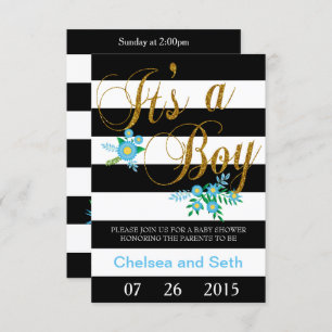 Invitation Bandes noires et blanches  Flore bleue  Baby showe